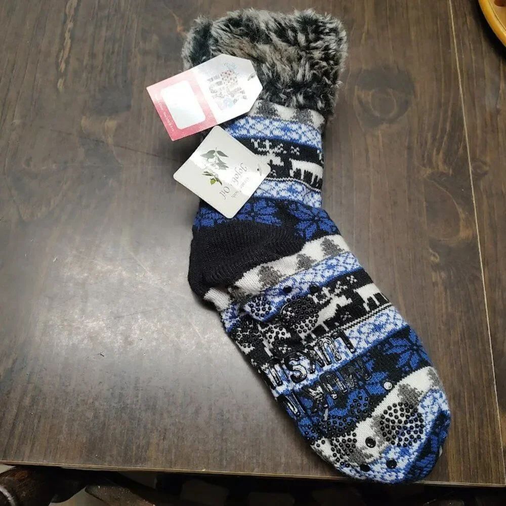 New MukLuks Blue Black Trees Deer Snowflakes Cabin Socks Jojoba Oil Women's L/XL